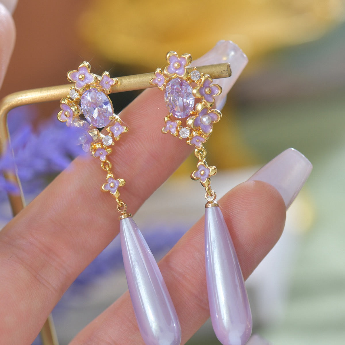 Lavender Floral Drop Earring