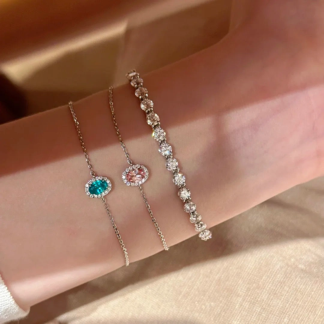 Dainty Oval Gem & Diamond Tennis Stack Bracelet