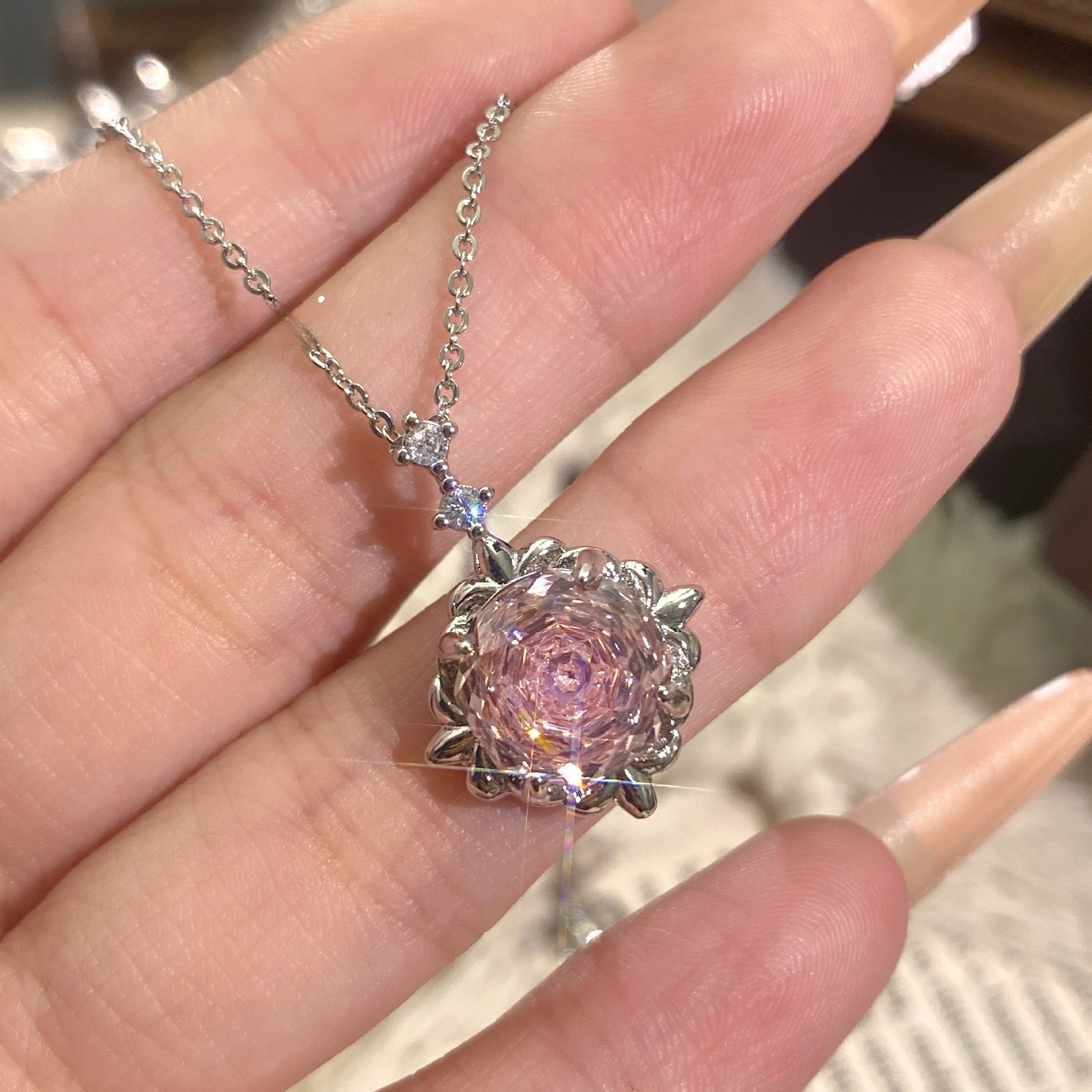 Rose Cut Floral Crystal Pendant Necklaces