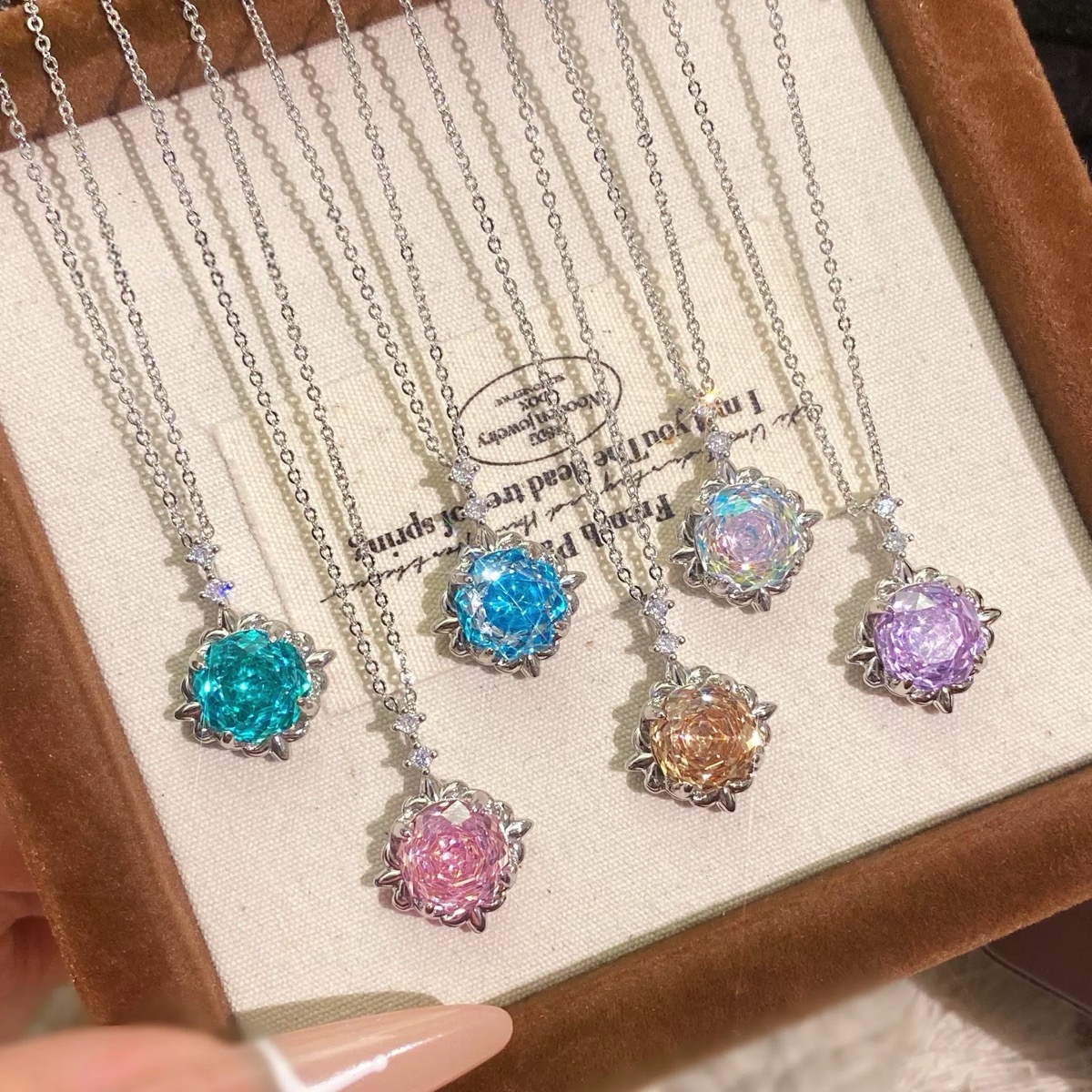 Rose Cut Floral Crystal Pendant Necklaces