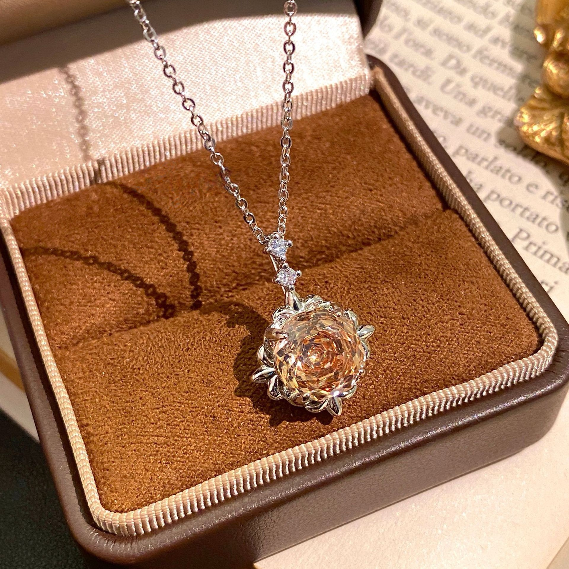 Rose Cut Floral Crystal Pendant Necklaces